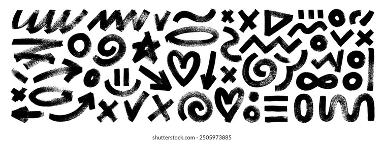 Funny basic geometric shapes, arrows, brush drawn bold squiggles. Various childish doodle grunge elements. Punk girly style hearts, spirals and naive geometric figures. Vector collage elements.