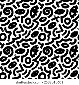 Funny basic shapes, random childish doodles seamless pattern. Wavy brush strokes, bold eyes and crosses. Geometric seamless pattern with thick rough lines. Vector messy doodle shapes background.