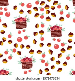 A funny basket of apples and chestnuts all around