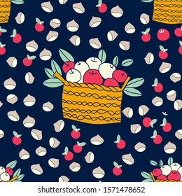 A funny basket of apples and chestnuts all around
