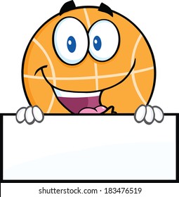 Funny Basketball Cartoon Character Over Blank Sign. Vector Illustration Isolated on white