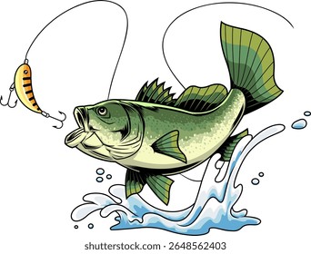 Engraçado Bass Fish Cartoon Personagem Saltando da água para morder isca de pesca - Mão vetor desenhado ilustração isolada no fundo transparente