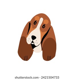 Gracioso avatar de crías de Basset Hound. Feliz cachorro de cazar perro con orejas largas. Un silenciador lindo de la raza de pelo corto. Adorable cara de perro, divertido hocico de mascota. Ilustración vectorial aislada plana sobre fondo blanco