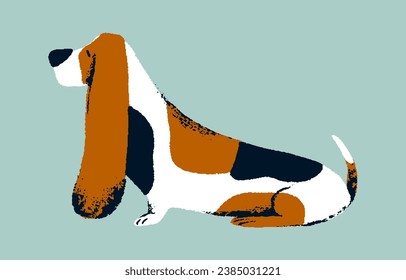 Funny basset hound sitting profile. Cute hunting dog with tricolor coat, fur. Short legged, long ears breed puppy. Stylized domestic animal, pet side view. Flat isolated vector illustration.