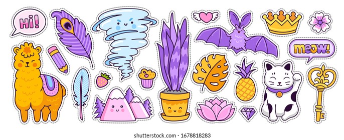 Funny Bat, Alpaca, Tornado, Maneki-neko, Golden Crown And Key.  Doodle Cartoon Style. Vector Illustration.