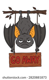 Funny bat with an angry face hanging from a branch, holding a sign to ward off visitors.