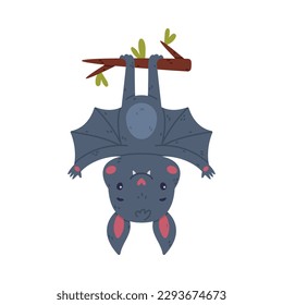 Funny bat hanging upside down on tree branch. Halloween symbol cartoon vector illustration