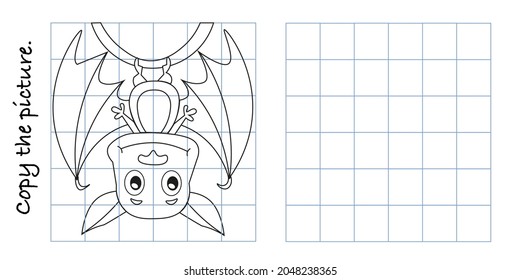 Funny bat hangs upside down  Copy the picture   color  Educational game for children  Cartoon vector illustration 