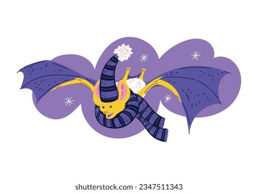 Funny bat in hat and scarf flying, cartoon flat vector illustration isolated on white background. Cheerful and cute bat flying in snowfall. Winter animal drawing.