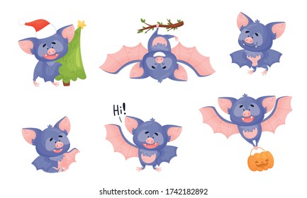 Funny Bat with Membranous Wings Flying and Carrying Fir Tree Vector Set
