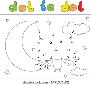 Funny bat in the night sky with the Moon and stars. Coloring book and dot to dot educational game for kids