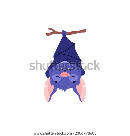 Funny bat sleeping on branch upside down, cartoon flat vector illustration isolated on white background. Cute Halloween character, great for childrens designs.
