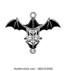 funny bat with street lantern, bloodsucker, symbol of vampire & halloween holiday, pet, vector illustration with black ink contour line isolated on a white background in a doodle & hand drawn style