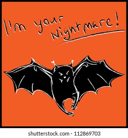 Funny bat with text halloween card. Hand drawing sketch vector illustration