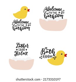Funny bathroom quotes stickers set. Hand lettering, Brush calligraphy vector design with yellow dug, soap.