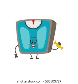 Funny bathroom weight scale character with smiling human face holding a candy, cartoon vector illustration isolated on white background. Smiling bathroom scale character, weight management tool