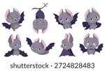 Funny bats. Cartoon bat different poses, sleeping, flying, scared. Wild forest emotional characters, childish mascots. Funny animals nowaday vector clipart