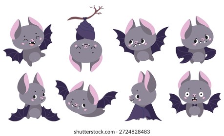 Morcegos engraçados. Morcego de animação tem poses diferentes, dormindo, voando, assustado. Personagens emocionais da floresta selvagem, mascotes infantis. Animais engraçados hoje em dia clipart vetor