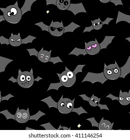 Funny bats on a black background. Vector seamless pattern 
