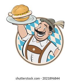 funny Bavarian cartoon man serving Bavarian specialty bratwurstsemmel