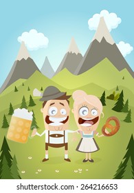 funny Bavarian couple with beer and pretzel 