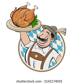 funny bavarian man serving tasty roast chicken