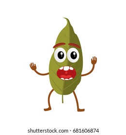Funny bay leaf character, cartoon vector illustration isolated on white background. Humanized bay leaf with smiling faces, arms and legs. Bay leaf for farm market, vegetarian salad recipe design.