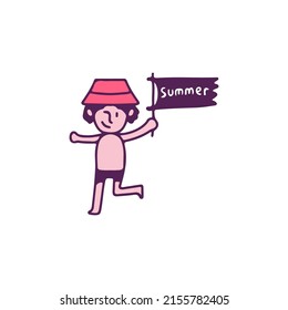 Funny beach boy holding summer flag, illustration for t-shirt, sticker, or apparel merchandise. With doodle, retro, and cartoon style.