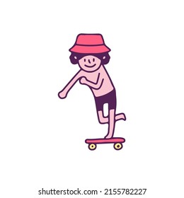 Funny beach boy riding skateboard, illustration for t-shirt, sticker, or apparel merchandise. With doodle, retro, and cartoon style.