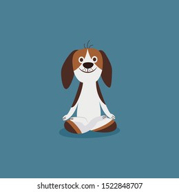 Funny beagle dog sitting in cozy relaxation yoga lotus pose the cartoon flat vector illustration isolated on blue background. Puppy pet for t-shirts and sport topic.