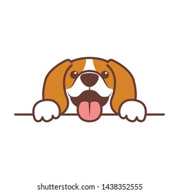 Funny beagle puppy paws up over wall, dog face cartoon, vector illustration