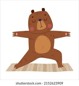 Funny Bear Animal on Yoga Mat Practicing Asana and Stretching Vector Illustration