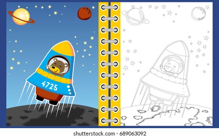 Funny bear astronaut cartoon on rocket in space, coloring book or page