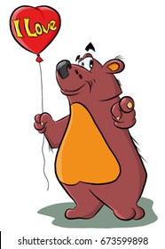 Funny bear with a balloon showing his finger, vector illustration