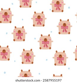 Funny bear with big bow seamless pattern. Childish print. Vector hand drawn illustration.
