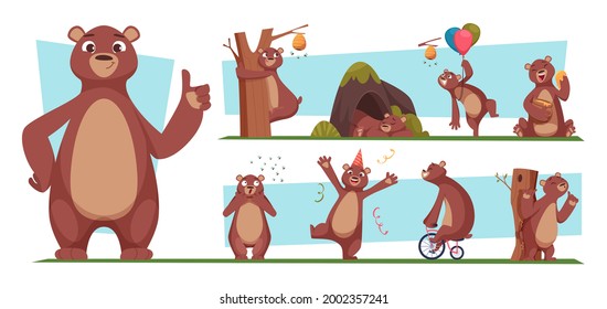 Funny bear. Brown wild animal with honey bear standing jumping cartoon poses exact vector illustrations set