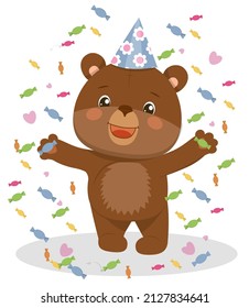 Funny bear in a cap and flowers under the confetti of sweets and hearts.