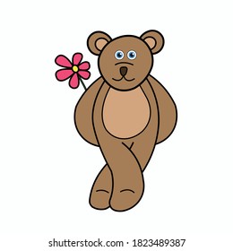 funny bear carrying a flower behind its back vector illustration