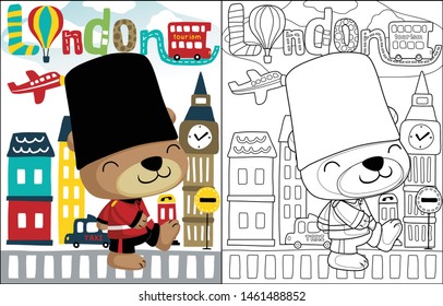 Funny bear cartoon in British royal guard costume on London cityscape background, coloring book or page