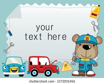 funny bear cartoon in car mechanic costume with its tools standing front of banner template