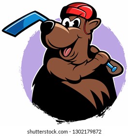 Funny bear cartoon character with the hockey stick and helmet, sports vector logo.