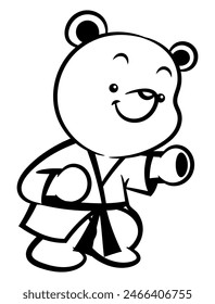 Funny Bear cartoon characters wearing karate uniform with black belt and showing it's punch movement. Best for outline, logo, and coloring book with martial arts themes for kids