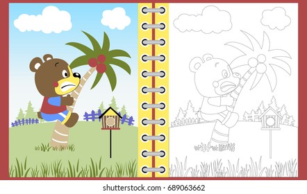 funny bear cartoon climbing palm tree in garden, coloring book or page