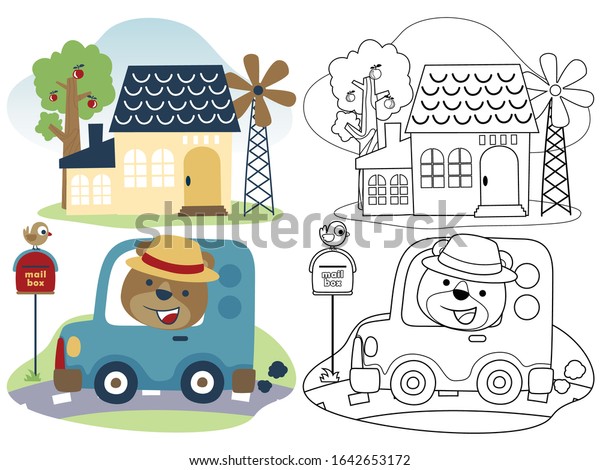 Funny bear cartoon go home with little car, coloring
book or page