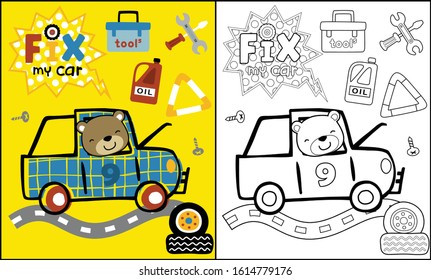 funny bear cartoon on car with repair equipment, coloring book or page
