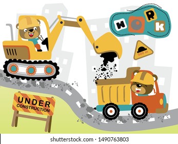 Funny bear cartoon on construction vehicles on the road, construction elements cartoon