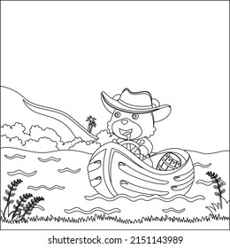 Funny bear cartoon vector on little boat with cartoon style, Funny vector illustration, Trendy children graphic with Line Art Design Hand Drawing Sketch Vector illustration For Adult And Kids Coloring