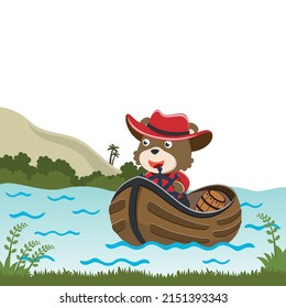 Funny bear cartoon vector on little boat with cartoon style. Creative vector childish background for fabric, textile, nursery wallpaper, poster, card, brochure. and other decoration.