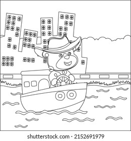 Funny bear cartoon vector on little boat with cartoon style, Funny vector illustration, Trendy children graphic with Line Art Design Hand Drawing Sketch Vector illustration For Adult And Kids Coloring