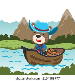Funny bear cartoon vector on little boat with cartoon style. Creative vector childish background for fabric, textile, nursery wallpaper, poster, card, brochure. and other decoration.